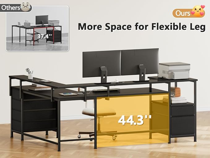 Furologee 66'' L Shaped Gaming Desk with 6 Drawers, LED, Outlets, Black | Reversible Large Corner Computer Desk with Printer Storage Shelves, LED Lights, Monitor Stand for Home Office, Working Study