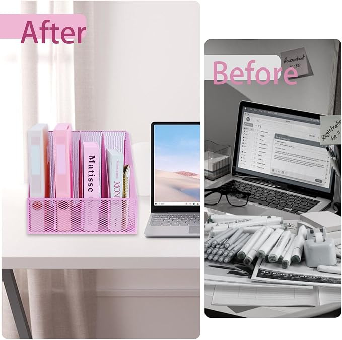 Desk Organizers, Metal Magazine File Holder with 4 Vertical Compartments Rack Binder File Organizer for Office Supplies, Home Workspace - Pink