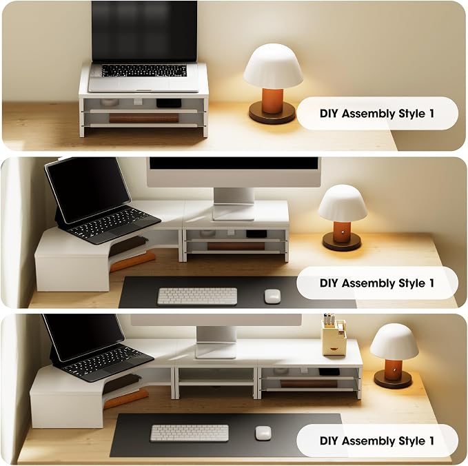 Fenge 14.3-Inch Monitor Stand with Slide-Out Trays, Wood & Metal Desk Shelf | 3-Tier Space-Saving Desk Storage Organizer, Fits Computer, Laptop, Printer and Telephone