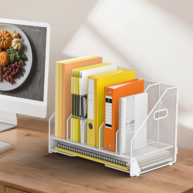 Docnest Mesh Desk File Organizer, 5 Vertical Compartment Box Sorter, White | Features 4 removable middle dividers for custom spacing and a bottom letter tray to hold paper, mail, and documents