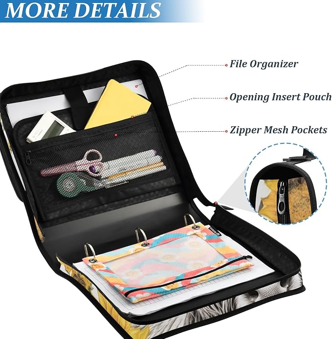 3 D-Ring Zipper Binder Bag, Gray Highland Cow Yellow Sunflower Removable Binder with Zipper Case Hold 300+ Sheets& 13 Inch Laptop for School Office Supplies Organizer