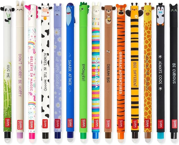LEGAMI - Set of 14 Cute Erasable Gel Pens with Thermosensitive Erase Ink, Range of ink colours & barrel designs, 0.7mm Tip, Animal Designs, Panda, Bunny, Unicorn etc