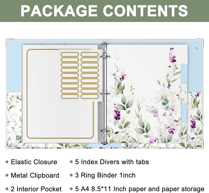 Rouidr 3 Ring Binder with clipboard, 1 inch 8.5 x 11 in Letter Size View Binders Organizer with Dividers Tabs & Clear Sleeves, School Supplies, Office Supplies, Wisteria