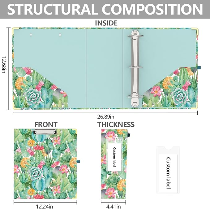 3 Ring Binder 3 Inch, Cute Decorative Hardcover Low Profile Clipboard with Storage, 3'' Round Ring Binders for Letter Size Paper, Durable Binder Organizer for School Office Supplies(Cactus Flowers)