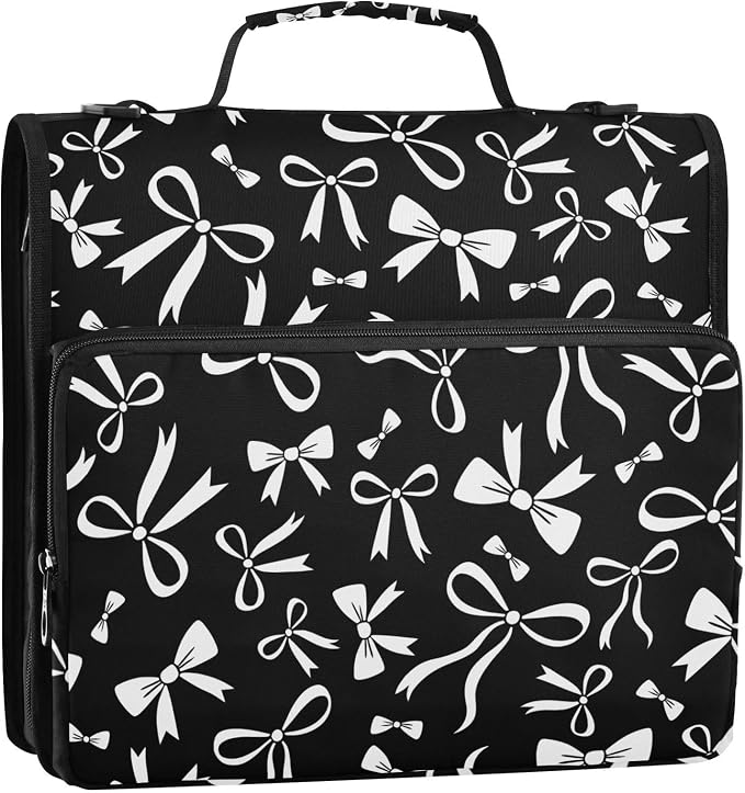 Ribbon Bow Black Print Zipper Binder Bag 3 Ring with Shoulder Strap & Handle Multi Pocket Binder Organizer Bag Large Capacity for School Office Supplies