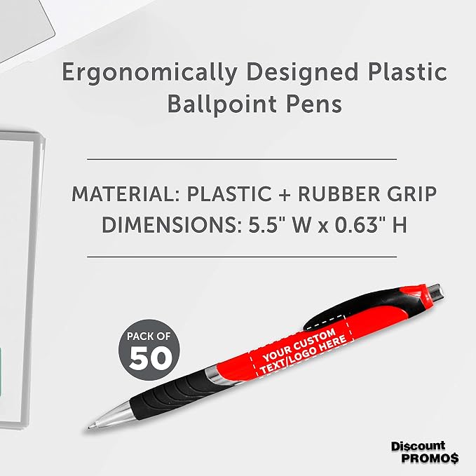 DISCOUNT PROMOS Ballpoint Pens With Rubber Grip - 50 pack - Customizable Text, Logo - Black Ink Ball Point Pen with Soft Touch Plastic - Red