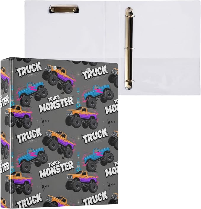 Monster Truck Black Round Ring Binders 1.5 Inch Racing Cars 3 Ring Clipboard Binder for Office School Work Supplies File Folder 200 Sheet Capacity 2 Pieces
