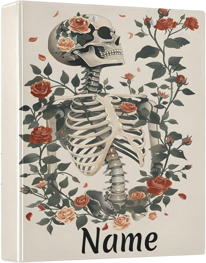 Custom 3 Ring Binder Skeleton and Roses 1.5" Round Ring Binders Personalized Name View Binder with 200 Sheet for Women Men Office Kids School Supplies, 1 Pack