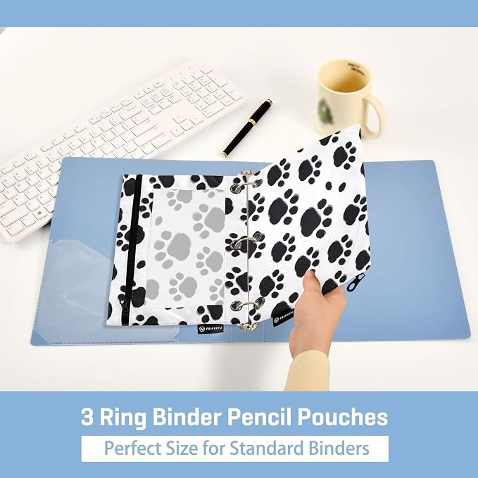 Black Paws Print Pencil Pouch for 3 Ring Binder, 2 Pack Waterproof Pencil Bags Clear Window Pencil Case Zipper School Office Supplies