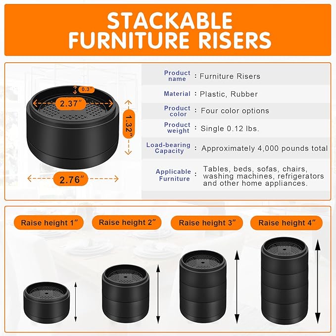 Furniture Risers Bed Risers Heavy Duty 1 inch, 2 inch, 3 inch, 4 inch Round Adjustable Bed Lifts Riser for Desk Legs Table Couch Sofa Chair Refrigerator Washing Machine (1+1 Inch, Black, 6 Pack )