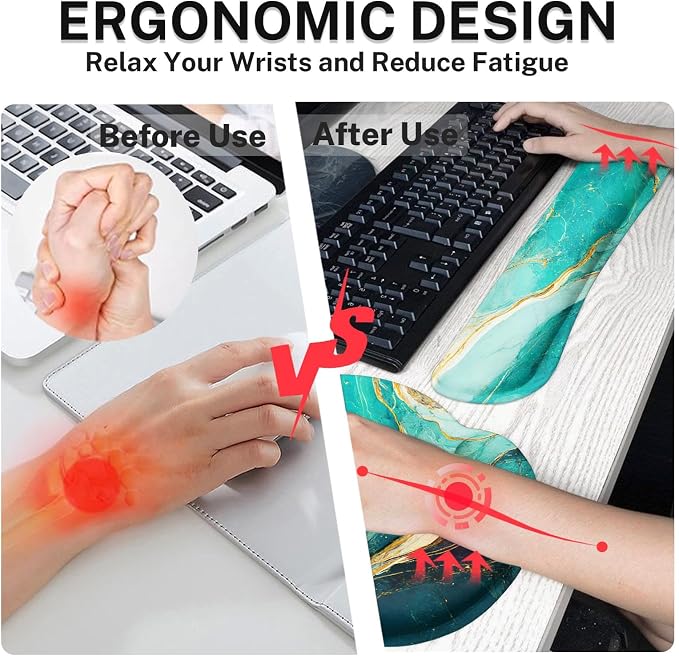 Keyboard Mouse Pad Set, 4 in 1 Desk Mat Set, Marble Green | Gold Large Mousepad+Keyboard Wrist Rest+Mouse Wrist Rest+Coaster Ergonomic Design for Home Office Computer