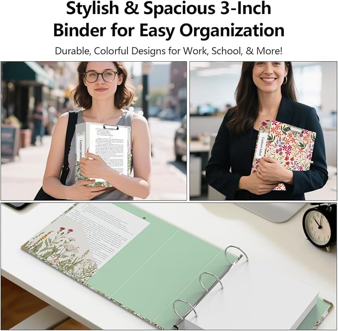 3 Ring Binder 3 Inch, Cute Decorative Hardcover Low Profile Clipboard with Storage, 3'' Round Ring Binders for Letter Size Paper, Durable Binder Organizer for School Office Supplies(Garden Flowers)