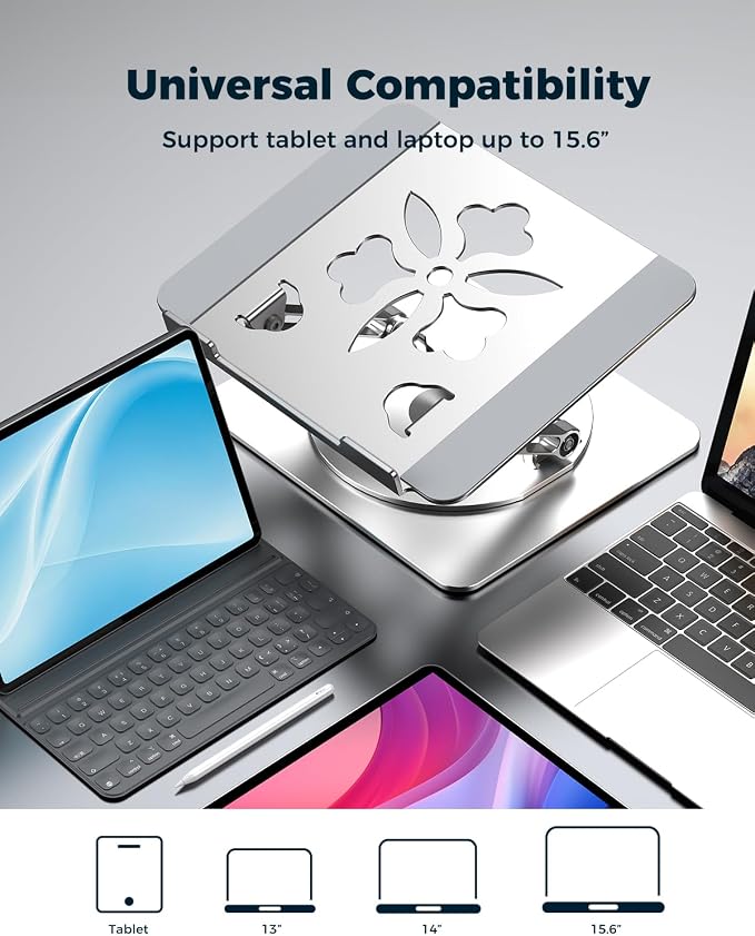 Aoviho 360° Rotating Laptop Stand for Desk | Adjustable, Foldable, Portable Aluminum Ergonomic Riser | Compatible with MacBook, Dell, HP & All Laptops 10-16 inch | Silver