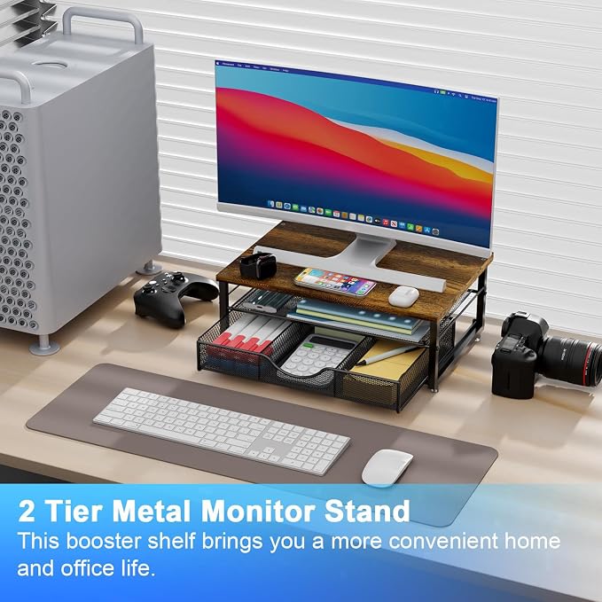 gianotter Computer Monitor Stand Riser with Drawer | Wood Desk Organizers and Accessories Desk Accessories & Workspace Desktop Organizers Storage for Printer Stand (Wood)