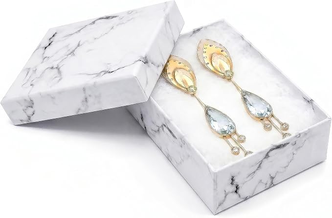 TheDisplayGuys 25 Cardboard Jewelry Gift Boxes with Inserts - Marble White | Size #32 - 3.3" x 2.3" x 1.0", Lids, Cotton Filled Padding, Kraft Paper, Bulk Pack Case, for Shipping, Organizers, Storage