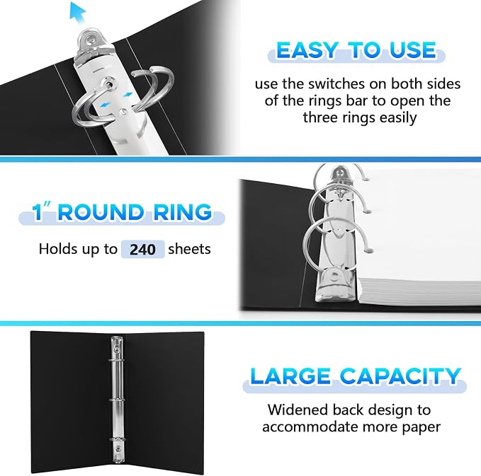 Henoyso 1 Inch 6 Pack Mini 3 Ring Binders for 5.5"x8.5" Paper,Black | Holds 200 Sheets, Plastic Small Binders, Round Three Rings, Flexible PP Covers, School Office, Photo Album Planner Journal