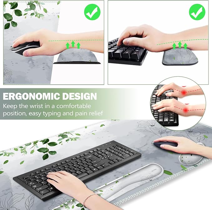 Gaming Mouse Pad Wrist Support Set, XXL Large Desk Mat Mousepad + Keyboard Wrist Support+ Mouse Wrist Rest+Coaster 4in1 Ergonomic, Memory Foam -Green Leaves and Line Flower
