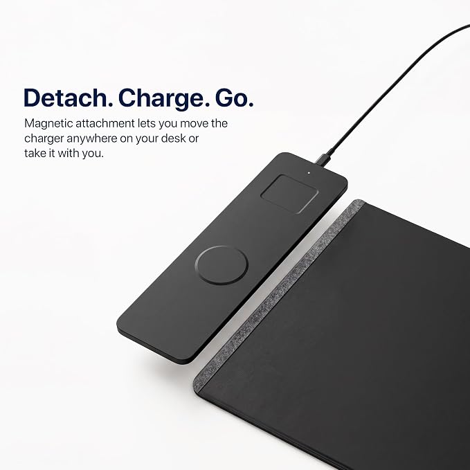 Wireless Charging Desk Mat, Detachable MagSafe & Qi Mouse Pad with Hidden Storage Pocket, 4-in-1 Charges iPhone, Android, AirPods & Wireless Earbuds, Vegan Leather, XL 30.7"x14.6" (Grey)