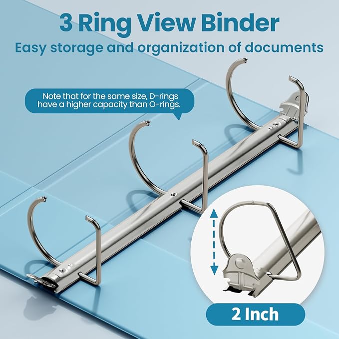 SUNEE 3 Ring Binder 2 Inch D Ring, Clear View Binder Three Ring PVC-Free (Fit 8.5x11 Inches) for School or Office Supplies, Sky Blue, 1 Pack