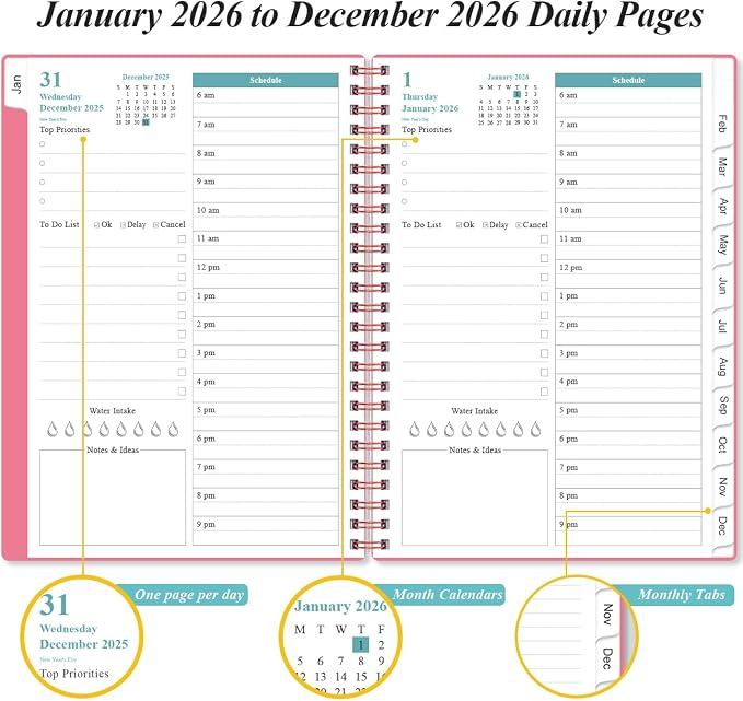 Daily Planner 2026 Full Page Per Day- 2026 Daily & Monthly Planner from January 2026 to December 2026, Day Planner 2026 with 12 Months Tabs, 6.4" x 8,5", Pink