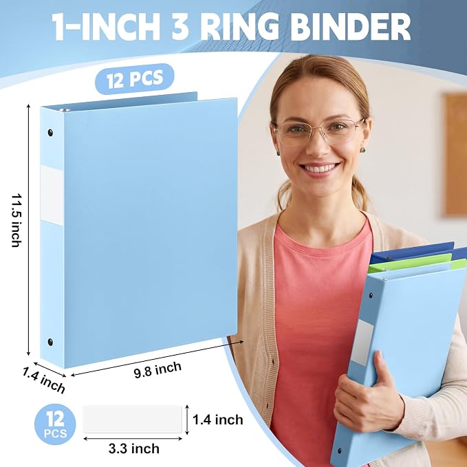 Henoyso 1 Inch 3 Ring Colored Binders Soft Flexible, 8.5'' x 11'' Plastic Floppy Binders Bendable with 2 Pockets, Colorful Binder Bulk for School Office Business ，12 Pack (Assorted Fresh Color)
