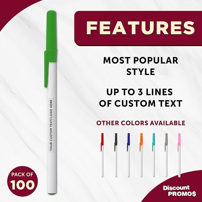 DISCOUNT PROMOS Custom Value Stick Pens Set of 100, Personalized Bulk Pack - Black Ink, Great for Office, School, Business, Tradeshows, Events - Green