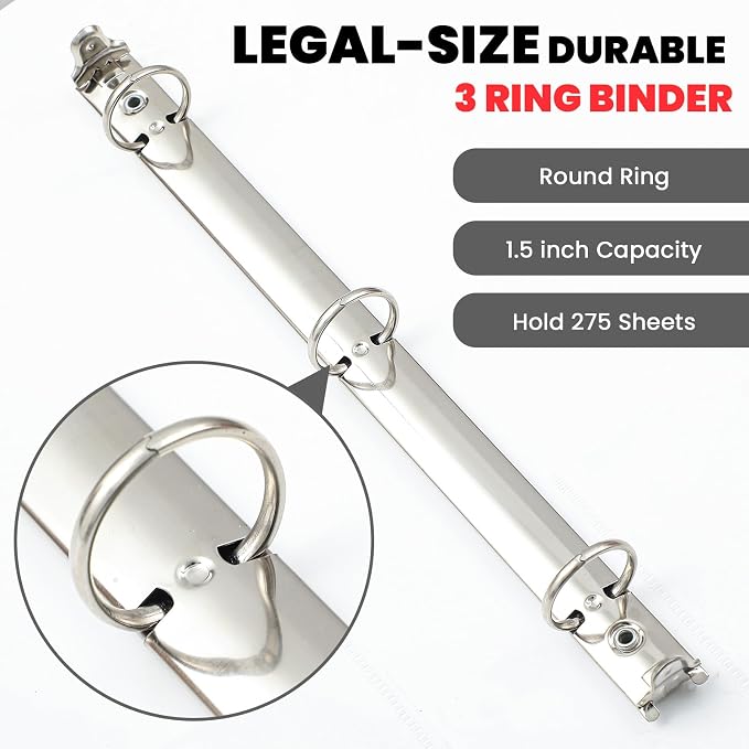 Henoyso 4 Pcs Legal Size Binder 3 Ring 1.5" Durable White Binders for 8.5" x 14" Paper Hold up to 175 Sheets for Documents Artwork, Office, Home, Work Places