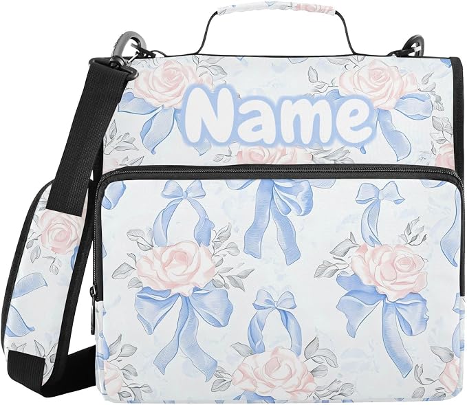 Custom Blue Bows Pink Roses 3 Ring Binder Bag 1.5 inch Personalized Name Binder Organizer 500 Sheet Documents Storage for School Office