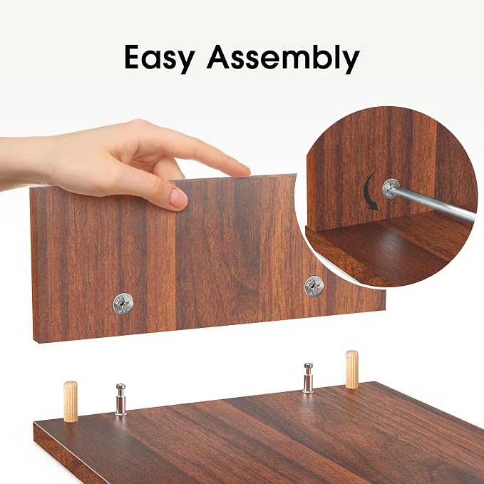 FITUEYES Dual Monitor Stand Riser, Adjustable Length and Angle, Brown | Wooden 3-Shelf Design, Supports up to 55lbs, Flexible for Standard Corner Space, Holds Monitor, Laptop, Phone, Printer