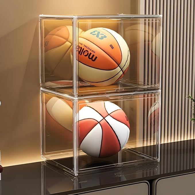 GUDEMAY Large Clear Stackable Acrylic Storage Bins with Door, Dustproof Figure Collectibles Display Case, Football & Motorcycle Helmet Showcase, Basketball, Sports Memorabilia Organizer (XL, Count, 3)