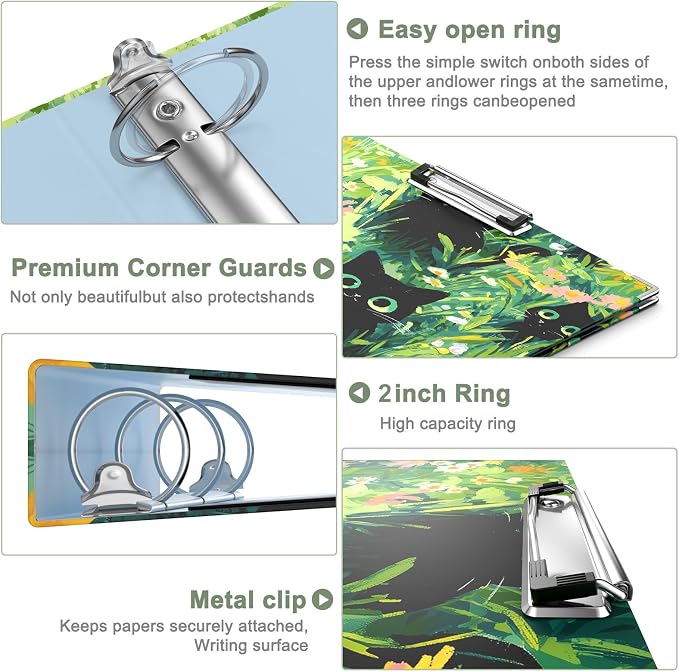 Rouidr 3 Ring Binder, 2 Inch Round Ring Binder Organizer with Clipboard, 5 Dividers Tabs, A4 8.5 x 11 Inch Paper & Clear Sleeves for School, Office Supplies
