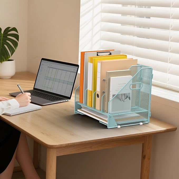 4 Vertical Mesh Desk Organizer with Paper Letter Tray, Blue | Sorting racks with lower letter tray section. Multipurpose mesh desktop space saver for home office and school