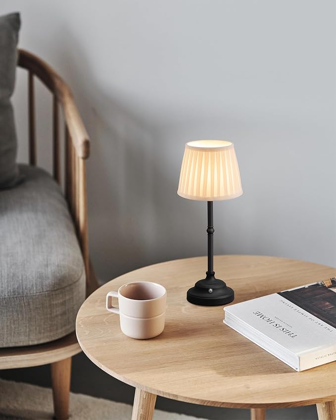 KDG Black Cordless Portable LED Table Lamp, White Fabric Shade Desk Lamp | 4000mAh Rechargeable Battery Powered Lighting, Dimmable Light for Dining Room, Bedroom, Bedside, Night Light, Balcony