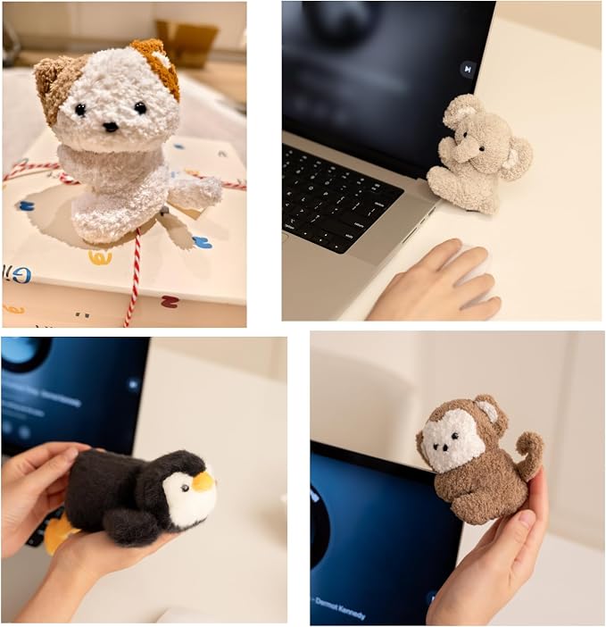 Cute Animal Plush Gift Set-Penguin Wrist Rest & 3 mini Plush Clips(Monkey,Dog,Elephant) Kawaii Cozy Desk Decor for Office, Study, Home,Gift Box Included