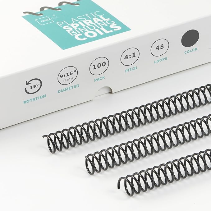 Binditek Plastic Spiral Binding Coils, 14 mm, 4:1 Pitch, Black, 100 Pack | Coil Binding Spines, 9/16", 115 Sheet Capacity, 48 Loops, for Letter-Size Reports, Presentations, School and Office Projects