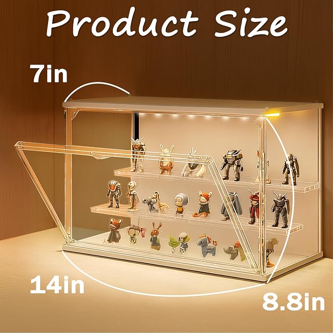 Clear Display Case for Collectibles, 3-Tier Stackable LED Figure Display Case with Magnetic Door, Adjustable Showcase for Models, Miniatures, Jewly (White, 8.8“H-1PC)
