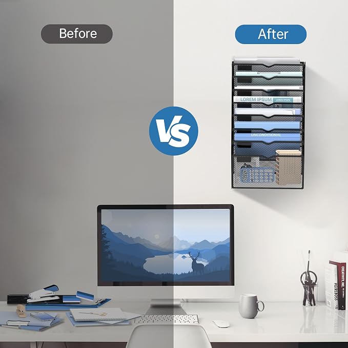 8-Tier Wall File Organizer and Hanging File Organizer, Black | Wall Organizer and Wall Mounted File Holder with 8 Pockets and Label Panels for Files, Mail, Folders, Magazines and Paper