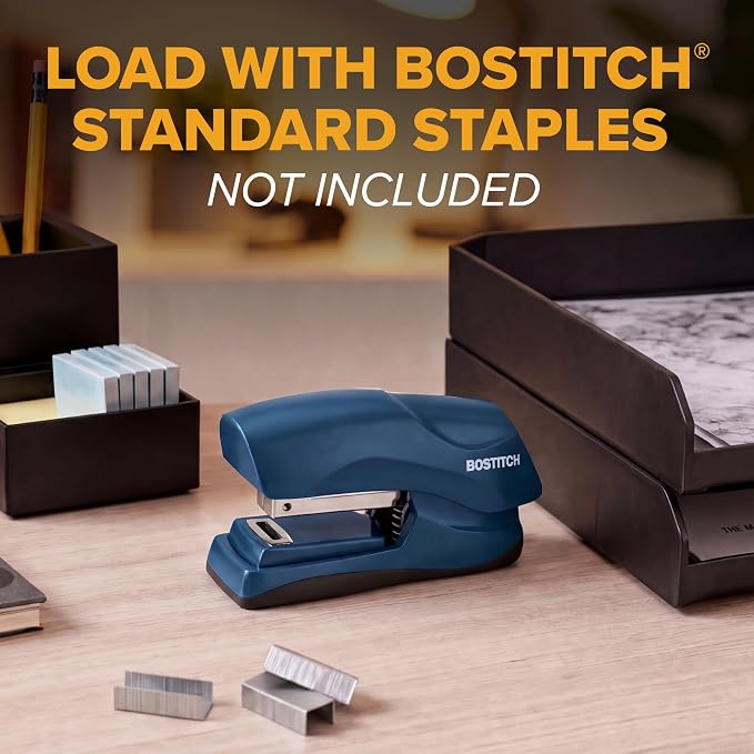 Bostitch Heavy Duty Compact Stapler, 40-Sheet Capacity, No-Jam Technology, Flat Clinch Design, Half-Strip Desktop Stapler, Blue