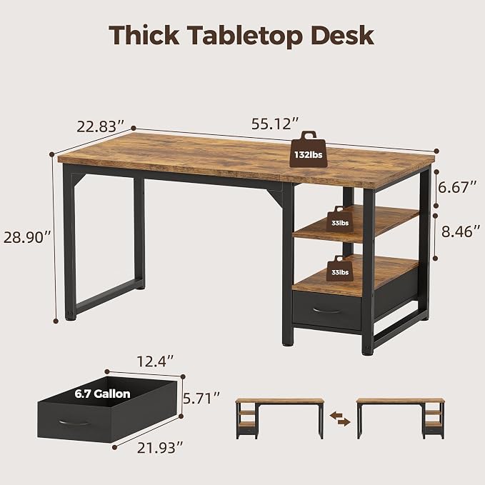 54 in Computer Desk with Drawer, 1" Thick Reversible Office Desk | Large Modern Writing Table with Storage Shelves, Heavy Duty Industrial Executive Desk for Home Bedroom Study Work