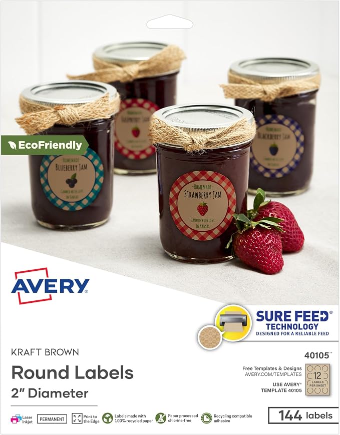 Avery Round Labels, 2" Diameter, Kraft Brown, Sure Feed Technology, Print-to-The-Edge Capability, Laser/Inkjet Compatible, 144 Printable Labels Total (40105)