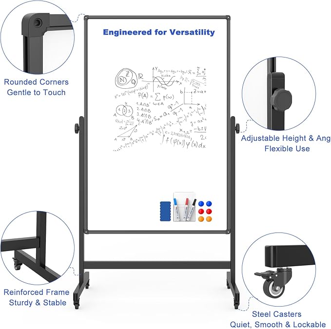 Rolling Whiteboard on Wheels, Double-Sided Magnetic Dry Erase Board with Stand, Mobile White Board for Office, Classroom, Home (32" x 48")