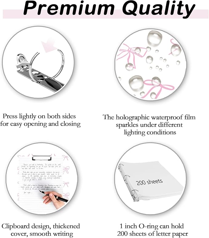 3 Ring Binder 1 inch with Clipboard - White & Pink Bow Design, Includes Dividers, File Bag & Spine Label - Classic and Elegant for School or Work, Holographic Waterproof Film