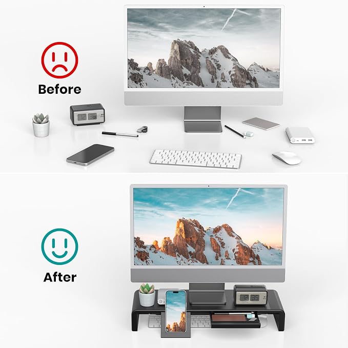 Klearlook Computer Monitor Stand for Desk, Adjustable Foldable Monitor Riser with Storage Drawer & Tablet Phone Holder for Office, Home, Laptop, Desktop (Black)