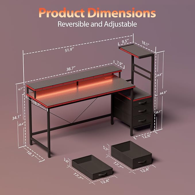 52 inch Gaming Desk with Drawers, Reversible Computer Desk, Black | Gamer Desk with LED Lights, Power Outlets & Monitor Stand, Large Office Table for Home Bedroom Study Work Writing
