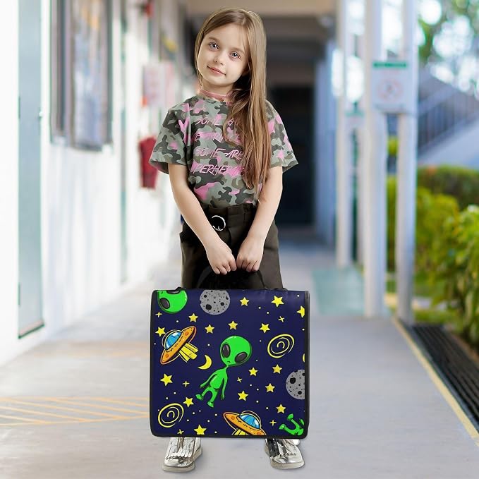 3 Ring Zipper Binder with Shoulder Strap Alien Space Cartoon 2 Inch Zippered Binder Bag 500 Sheet Capacity Multi Pockets for School Supplies