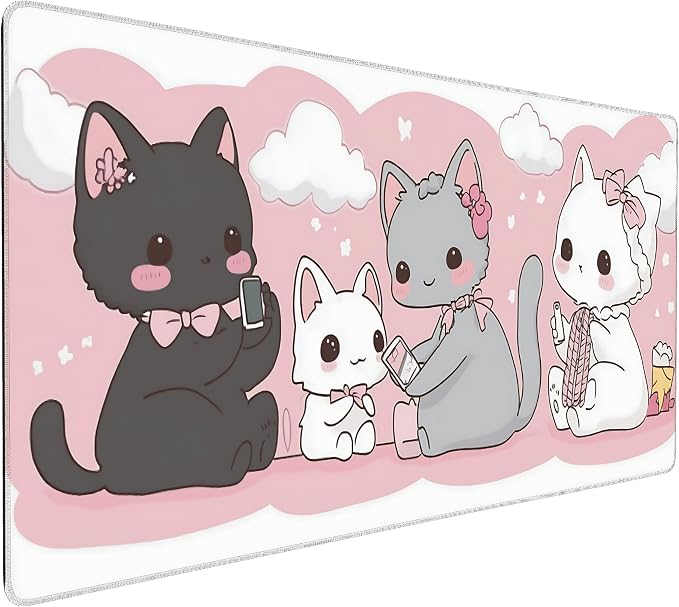 Cute Anime Cats Gaming Mouse Pad, Pink Kawaii Desk Mat with Anti-Slip Base & Stitched Edges,35.4" x 15.7" in Desk Accessories for Women, Home Office Decor & Artistic Gift