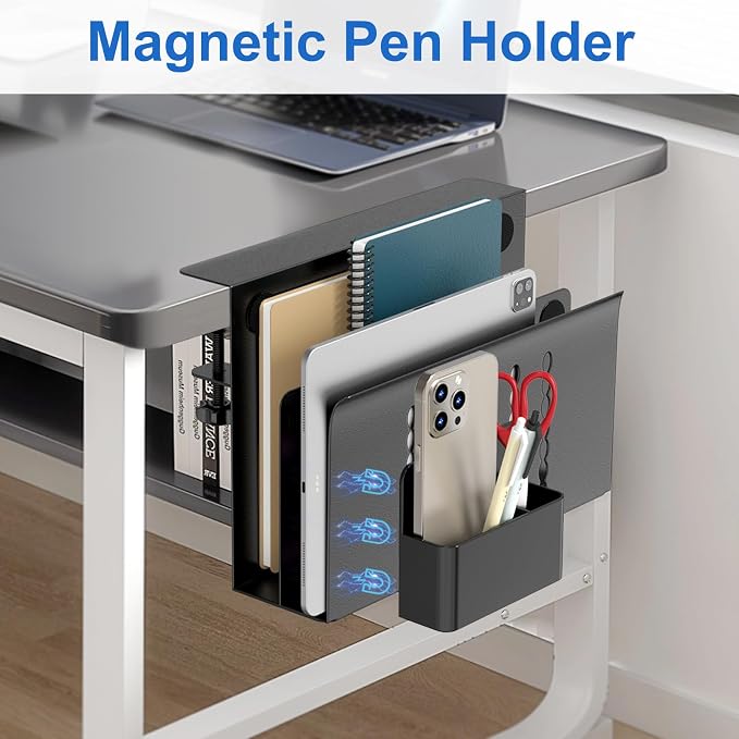 HAMOPY Desk Side Storage, 2 Tier Steel Hanging Desk Organizer with Magnetic Pen Holder, No Drilling Standing Desk Drawer Cable Management Tray, Under Desk Laptop Holder for Office, School&Home (Black)