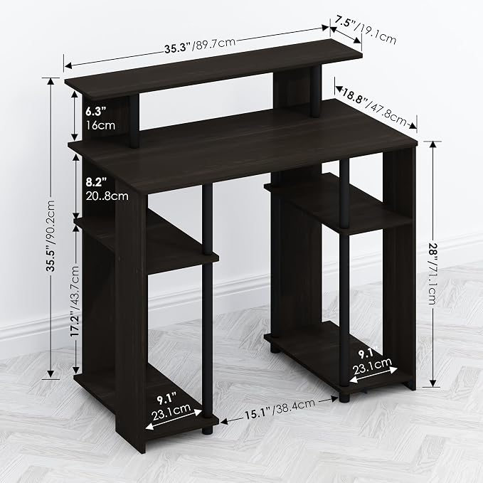 Furinno TOMI Desk, 35.3" Wide Gaming Desk with Hutch and Storage Shelves, with Monitor Stand, for Computer, Laptop, Writing, Office, Living Room, Bedroom, Walnut