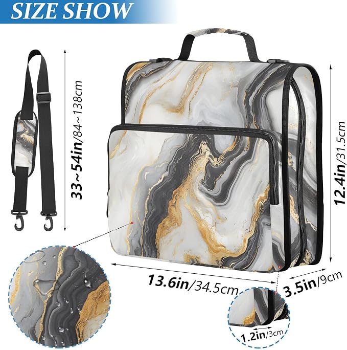 ALAZA Zipper Binder 3 Ring Black and White Gold Marble Binder Organizer with Zipper and Shoulder Strap Large Capacity Multi-Pocket Trapper Keeper File Folder for Office Supplies