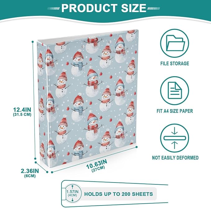 Snowman Pattern on Colored Background 3 Ring Binder 1.5" Decorative D-Ring Binder with Clipboard&3 Clear Pockets, Holds 200 Sheets A4 Size Paper Waterproof Binders for School Home Office|2 Pack